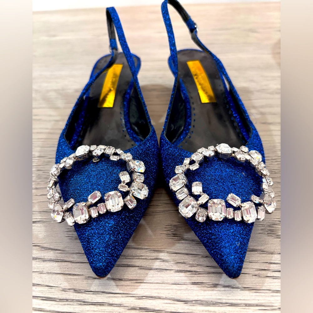 Rupert Sanderson Misty Crystal Lurex Slingback In Lapis Size 6.5 - Picture 5 of 11